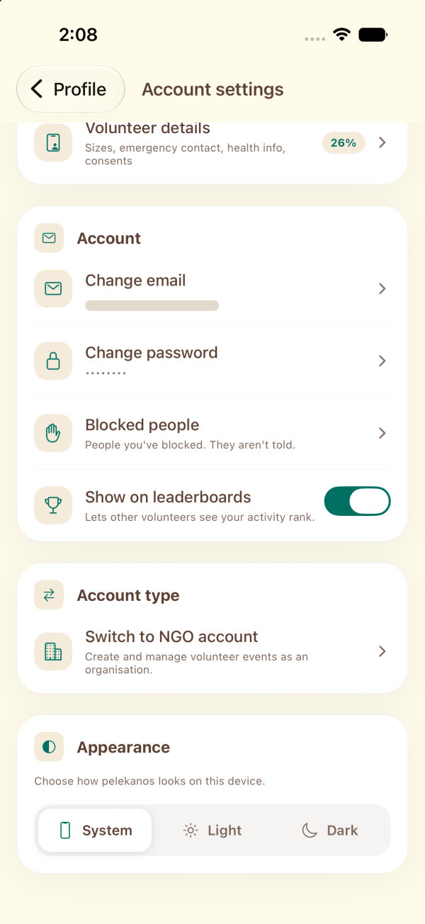Account settings, with the Switch to NGO account button