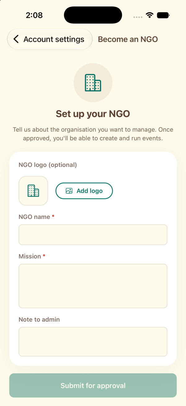 The Set up your NGO form, with name, mission, logo and note